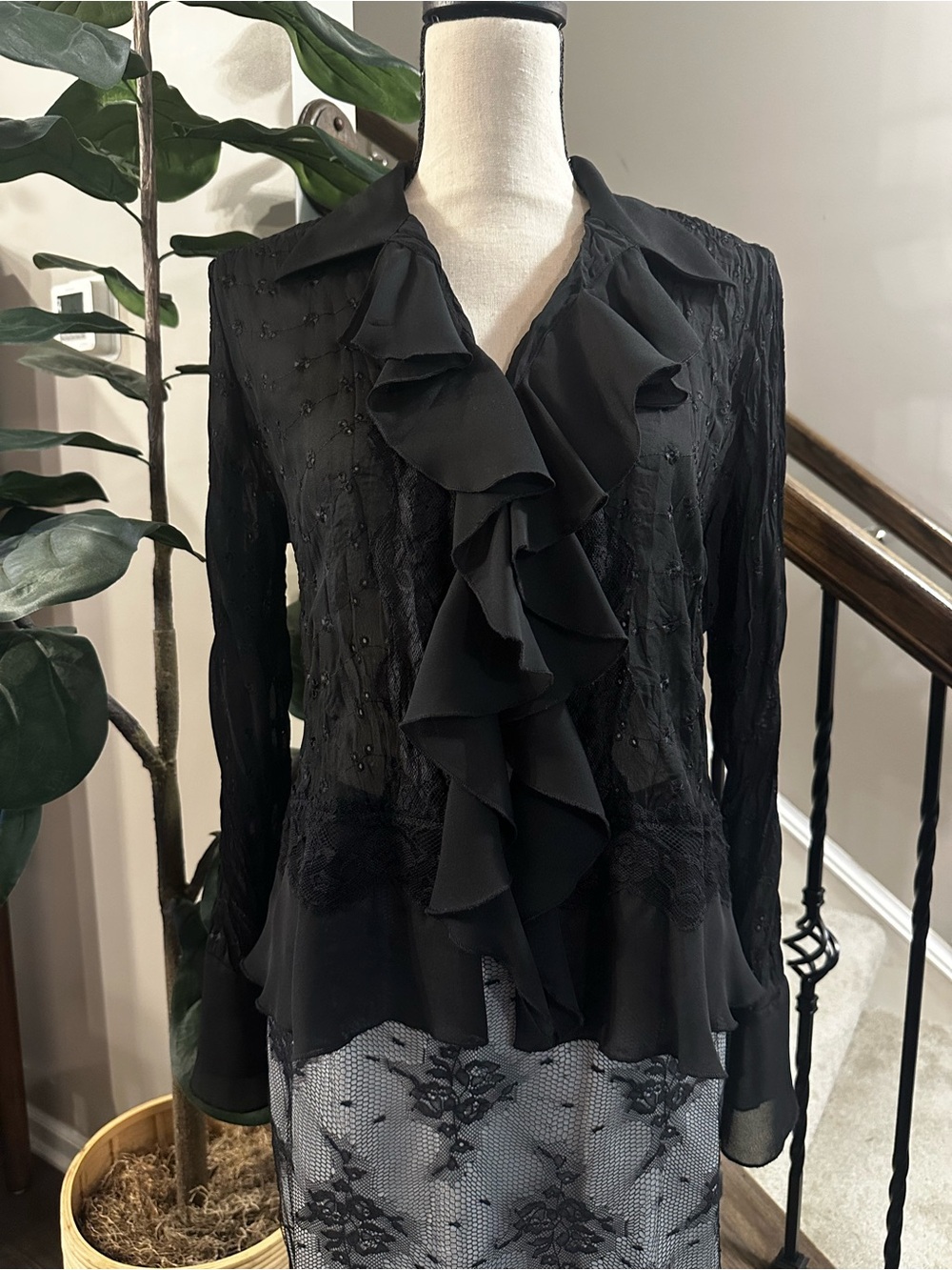 Allison Taylor Black Ruffle-Front Blouse